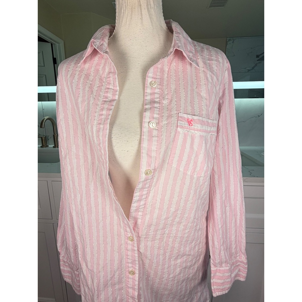 Victorias Secret Sleep Shirt Womens S Pink Cotton Striped Metallic Boyfriend Fit - Picture 6 of 13